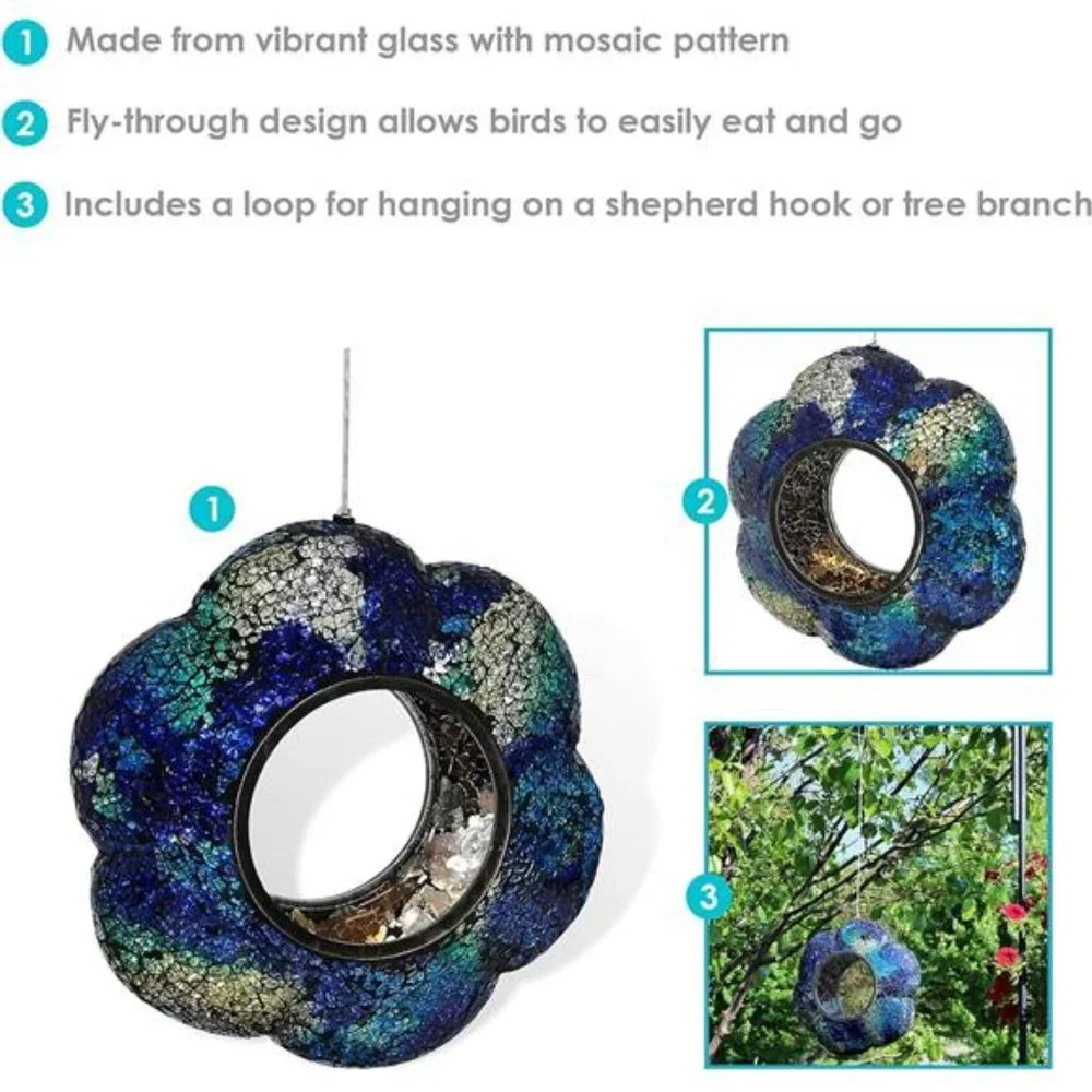 Indigo Flower 9-Inch Round Fly-Through Bird Feeder - Crackled Glass Design